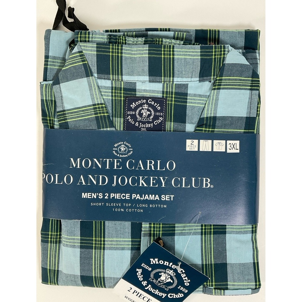 NWT Men's Monte Carlo Polo & Jockey Club 2 Piece Short Sleeve Plaid Pajamas 3XL - Picture 1 of 4